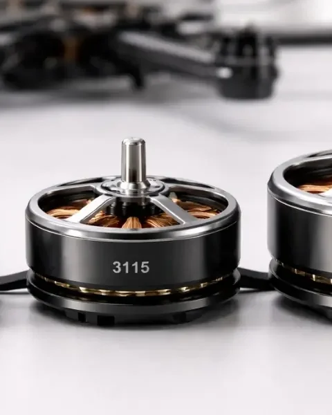 three bldc drone motors side by side 3110, 3115, 5006 on a neutral surface with uav frame in background three bldc drone motors side by side 3110, 3115, 5006 on a neutral surface with uav frame in background